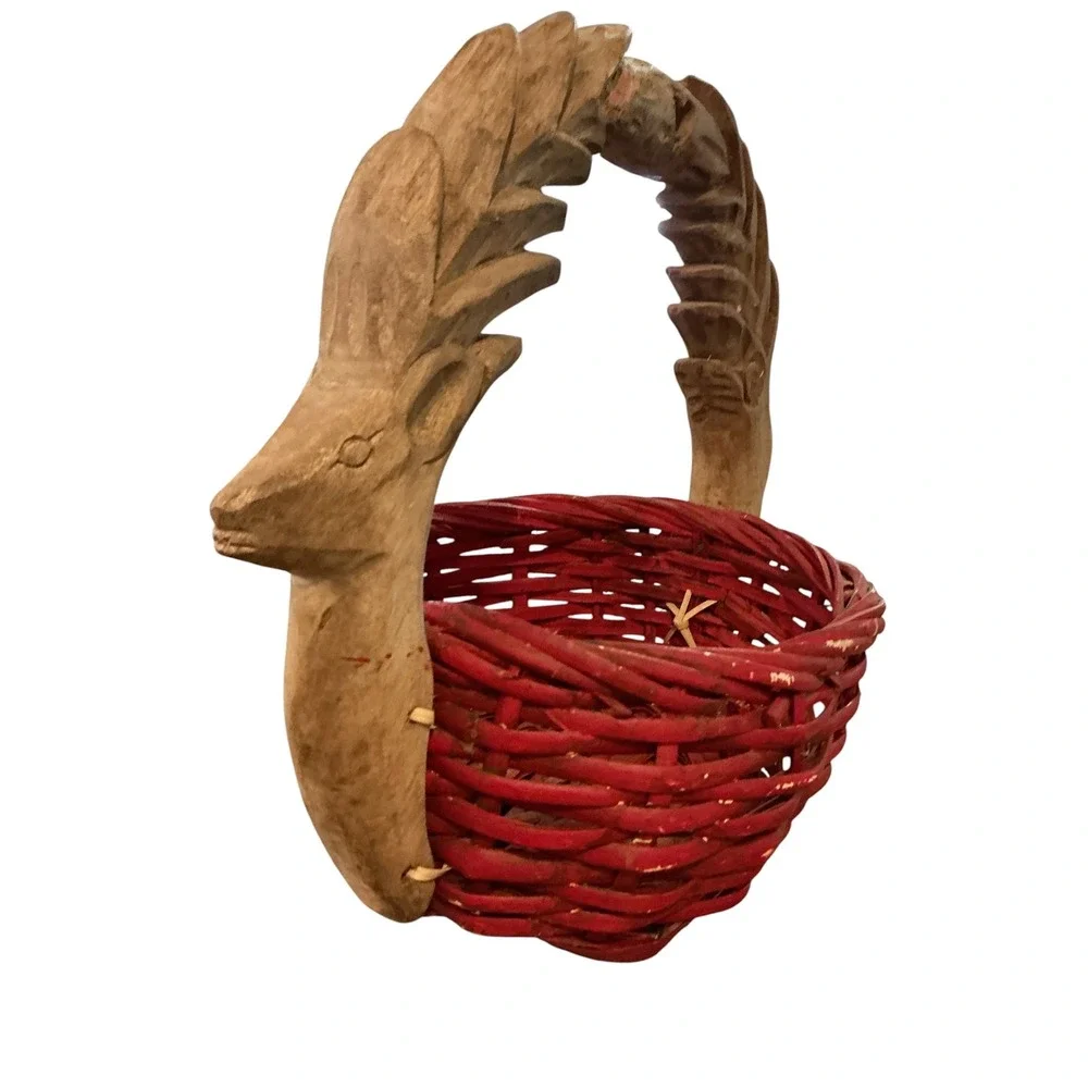 Vintage Hand Carved Wood Deer Handle Red Wicker Basket Rustic Folk Art 15x12x8.5